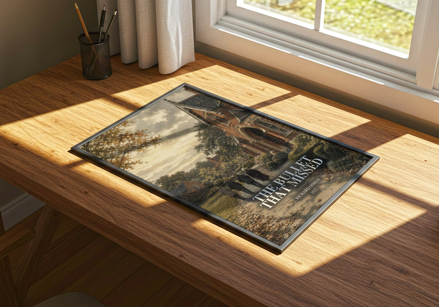 The Bullet That Missed watercolour book poster framed on wall – mystery wall art