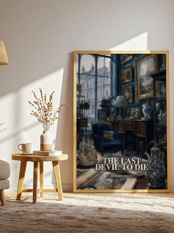 The Last Devil To Die watercolour print in frame leaning in hallway – mystery wall art