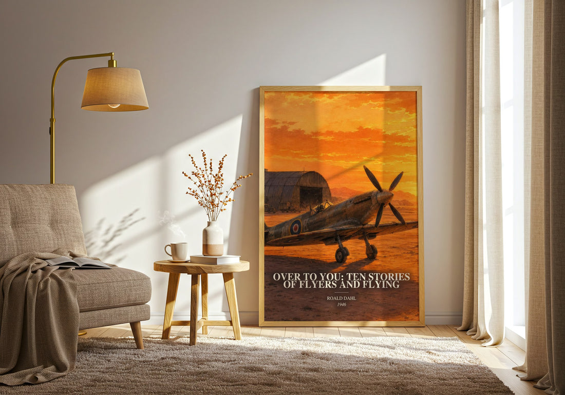 Over To You: Ten Stories Of Flyers And Flying watercolour print in frame leaning in hallway – historical fiction wall art (mockup)