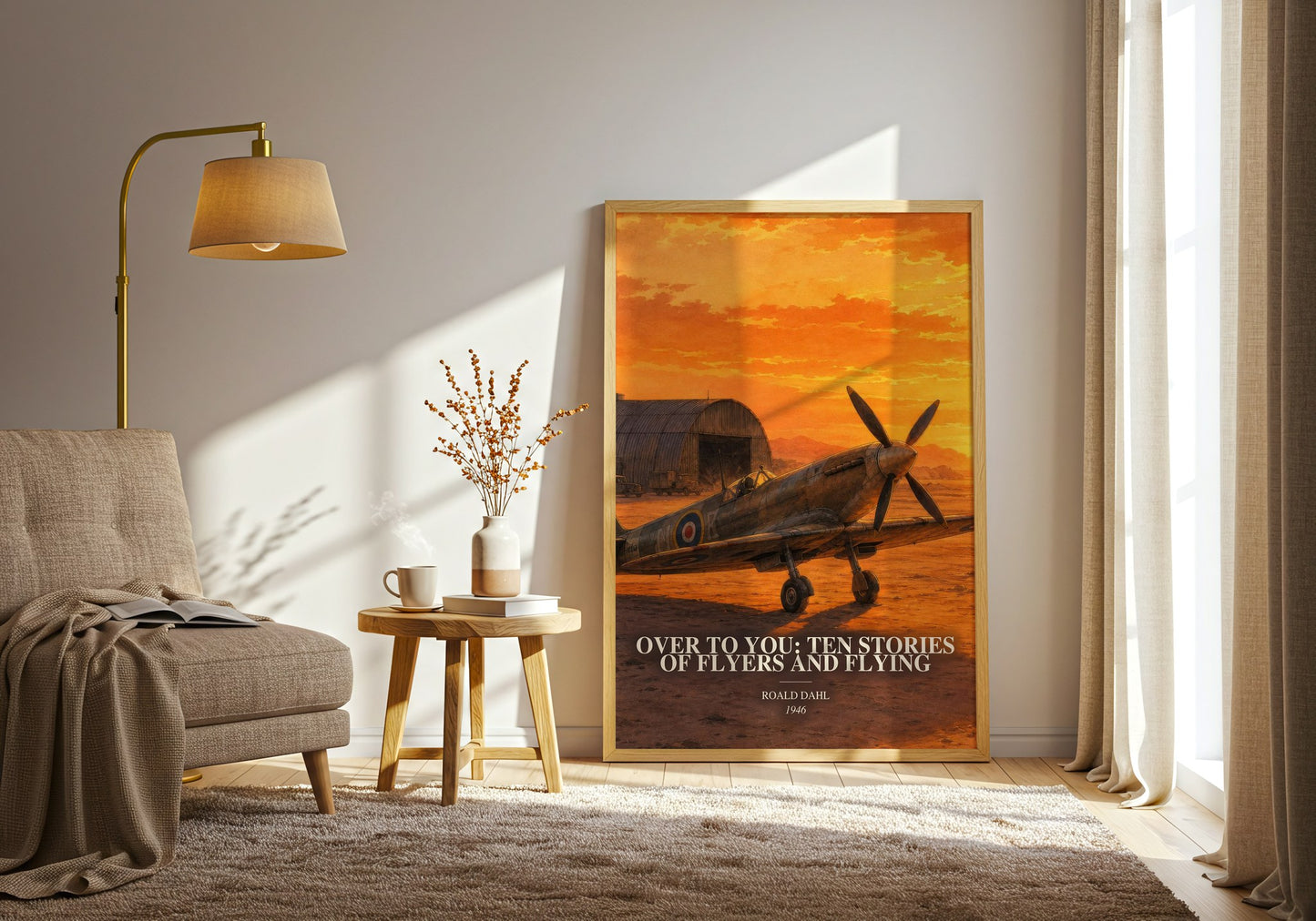 Over To You: Ten Stories Of Flyers And Flying watercolour print in frame leaning in hallway – historical fiction wall art