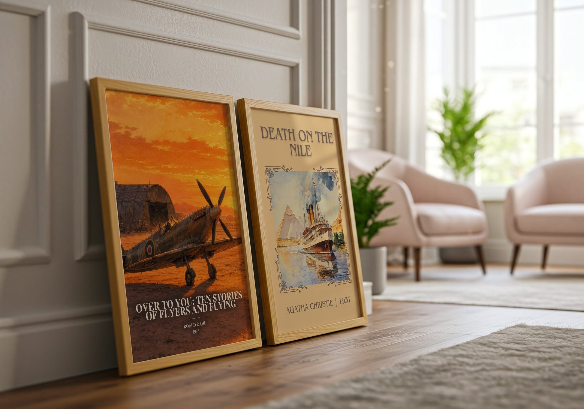 Over To You: Ten Stories Of Flyers And Flying watercolour print framed by window – literary home decor