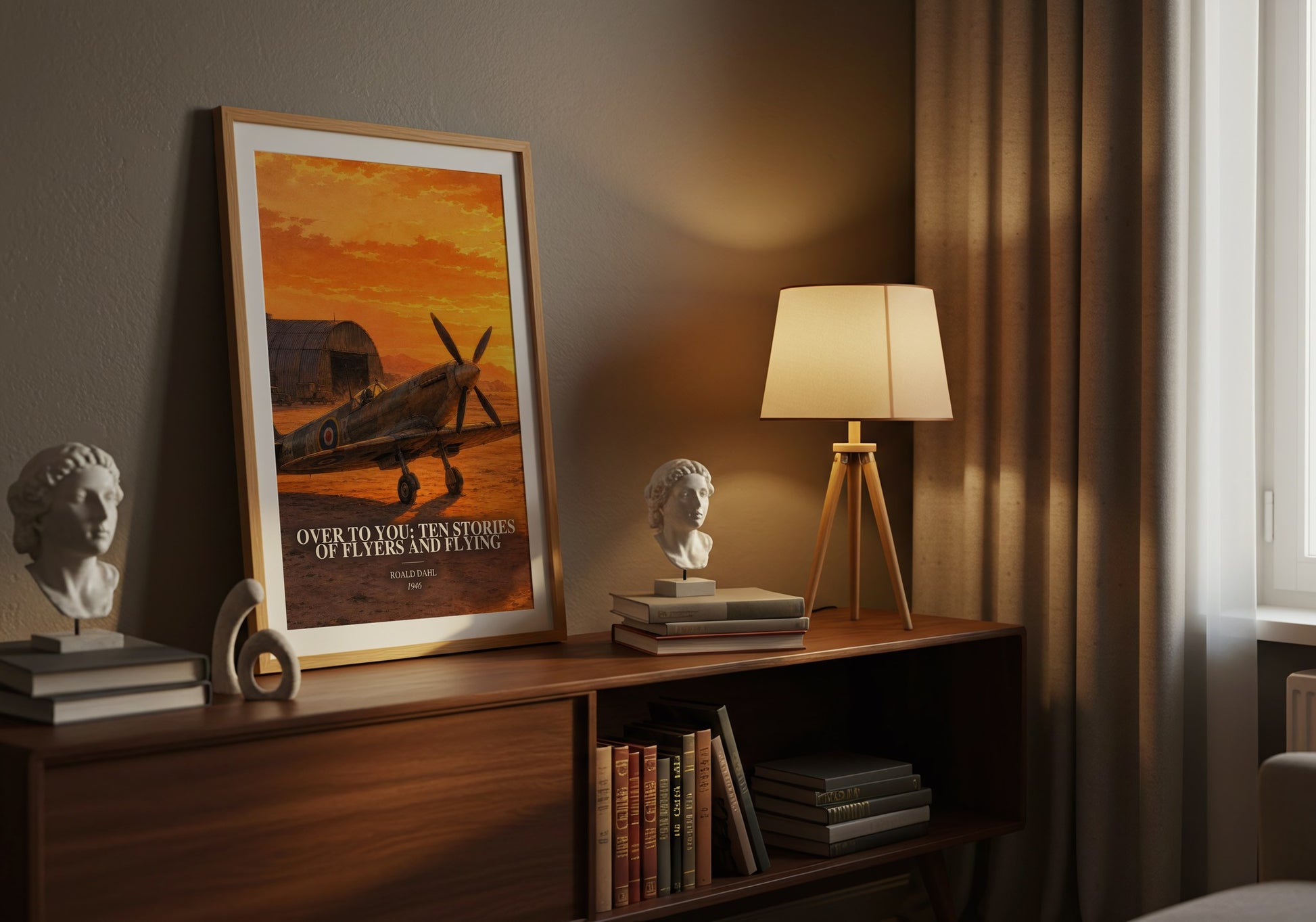Over To You: Ten Stories Of Flyers And Flying watercolour print on bookshelf – Roald Dahl fan gift