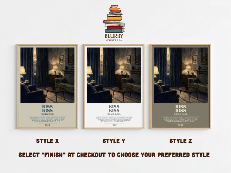 Kiss Kiss bookish print in frame leaning in hallway – mystery wall art