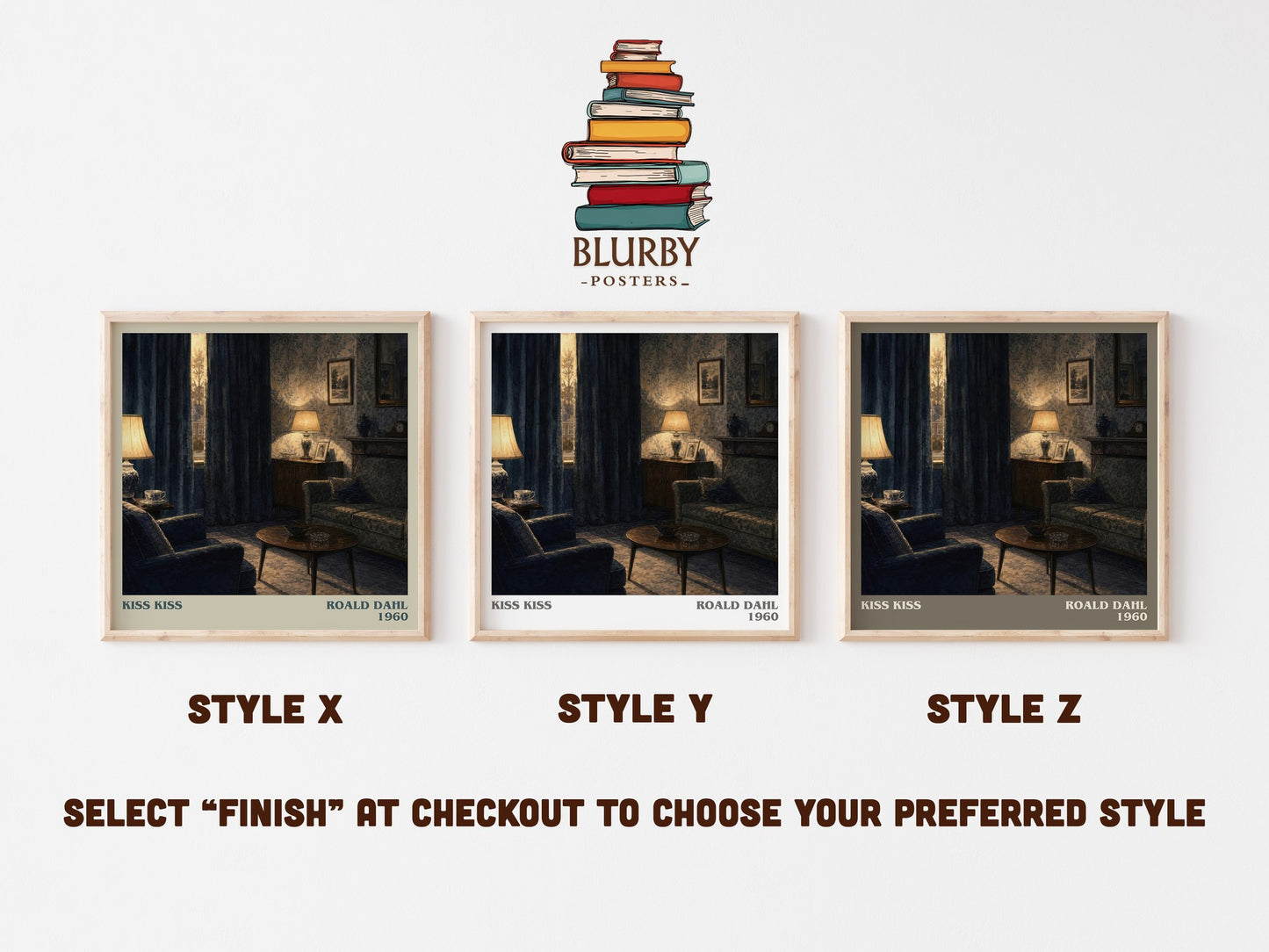 Kiss Kiss literary print in frame leaning in hallway – mystery wall art