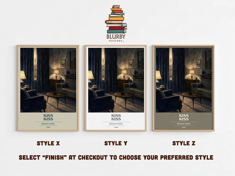 Kiss Kiss book cover print in frame leaning in hallway – mystery wall art