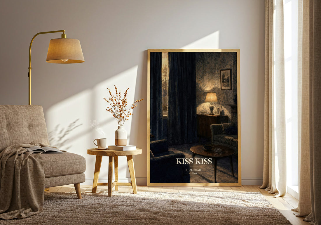 Kiss Kiss watercolour print in frame leaning in hallway – mystery wall art (mockup)