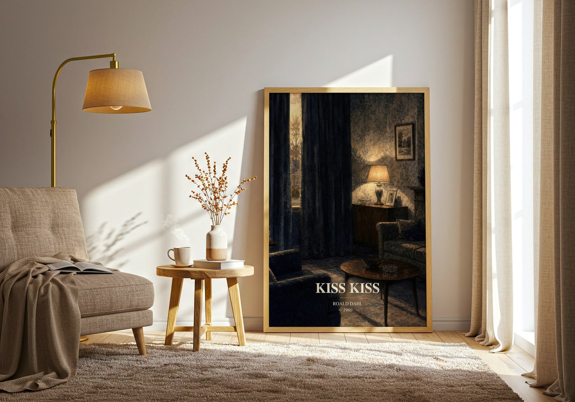 Kiss Kiss watercolour print in frame leaning in hallway – mystery wall art