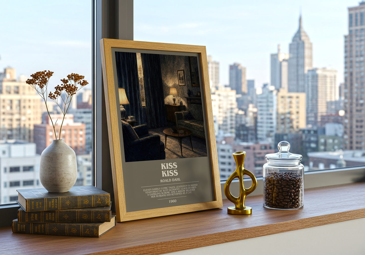 Kiss Kiss bookish print framed by window – literary home decor