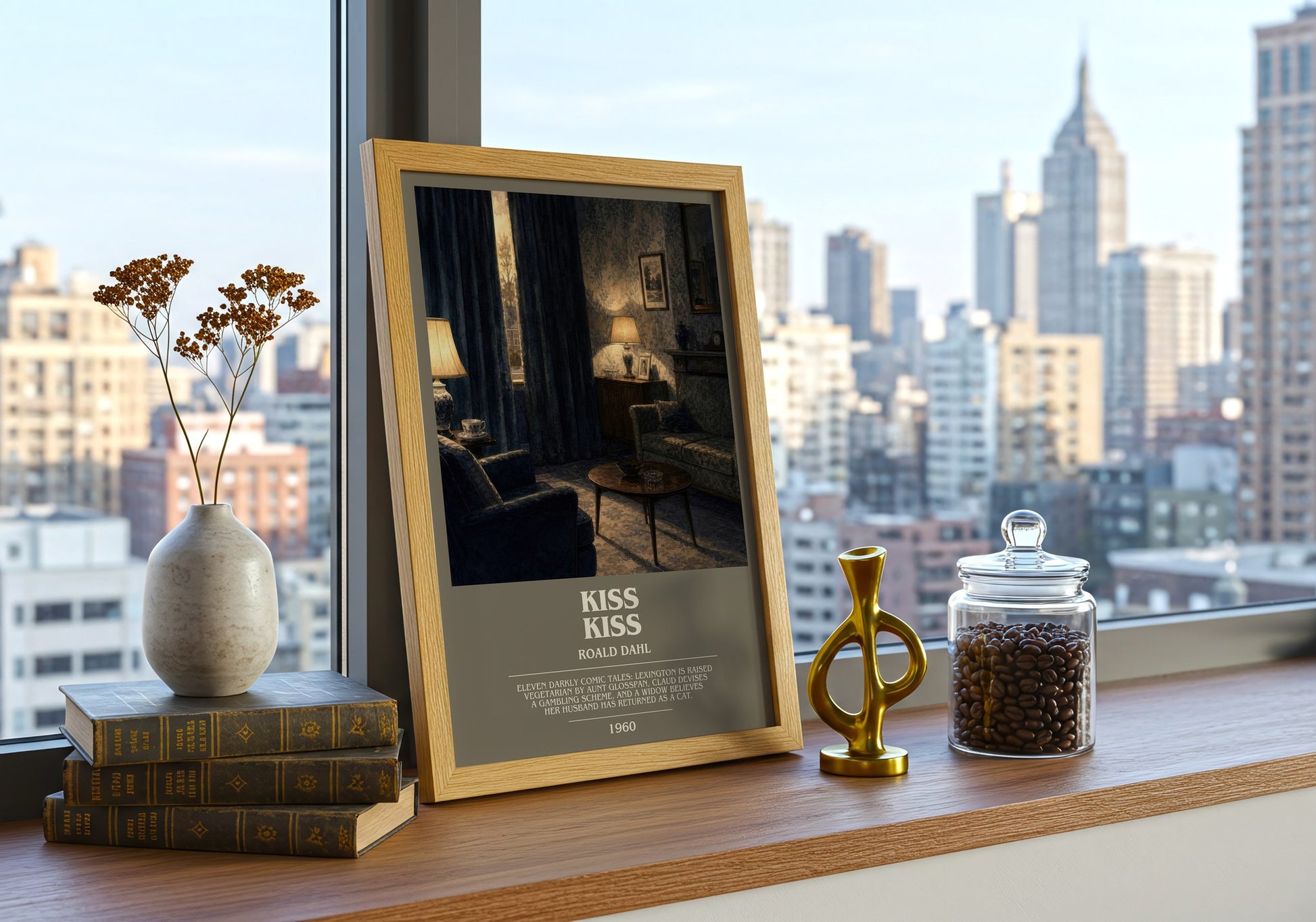 Kiss Kiss bookish print framed by window – literary home decor