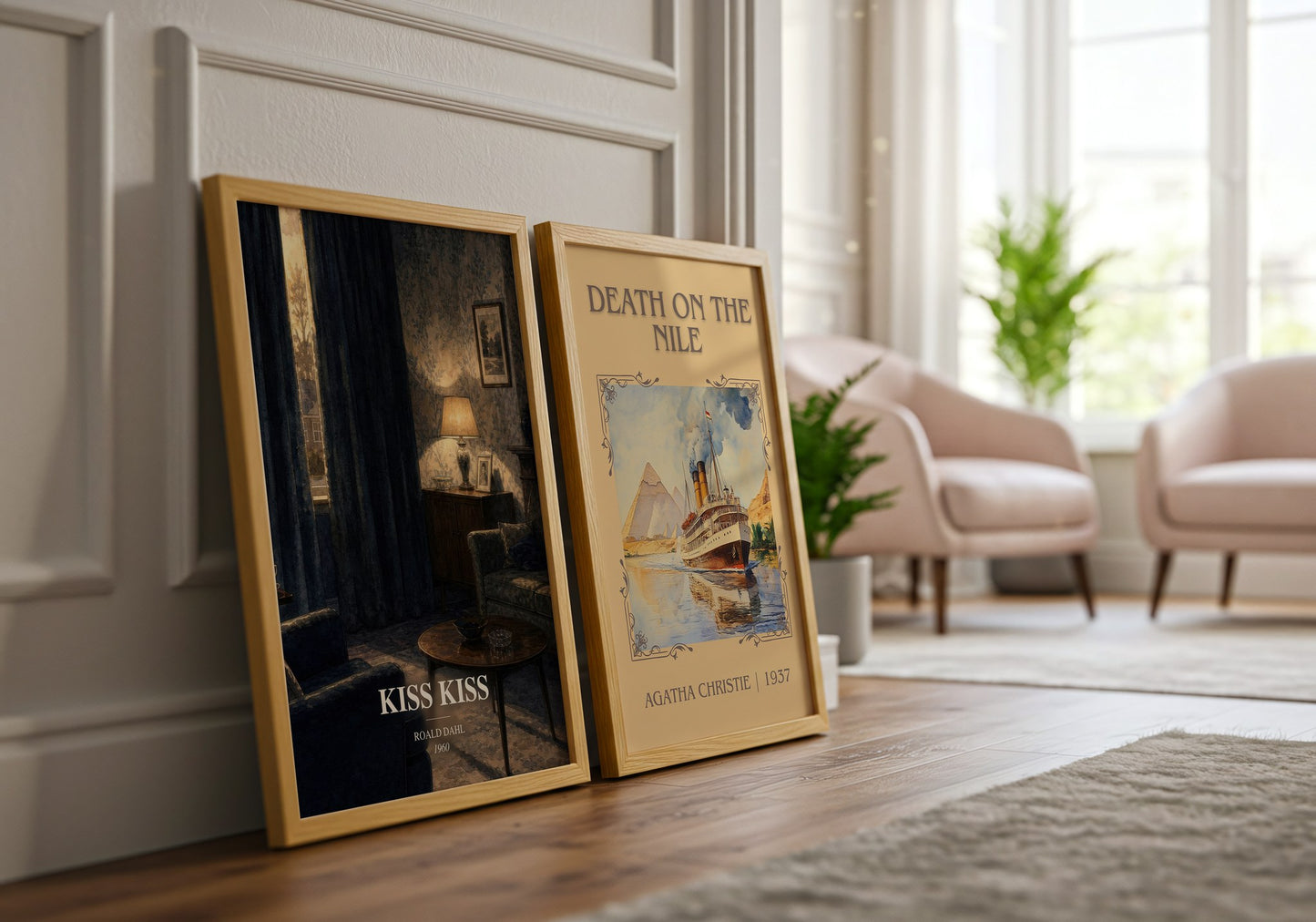 Kiss Kiss watercolour print framed by window – literary home decor