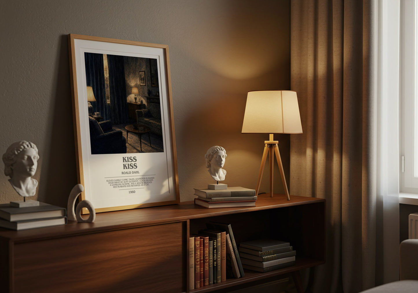 Kiss Kiss bookish book poster framed on wall – mystery wall art