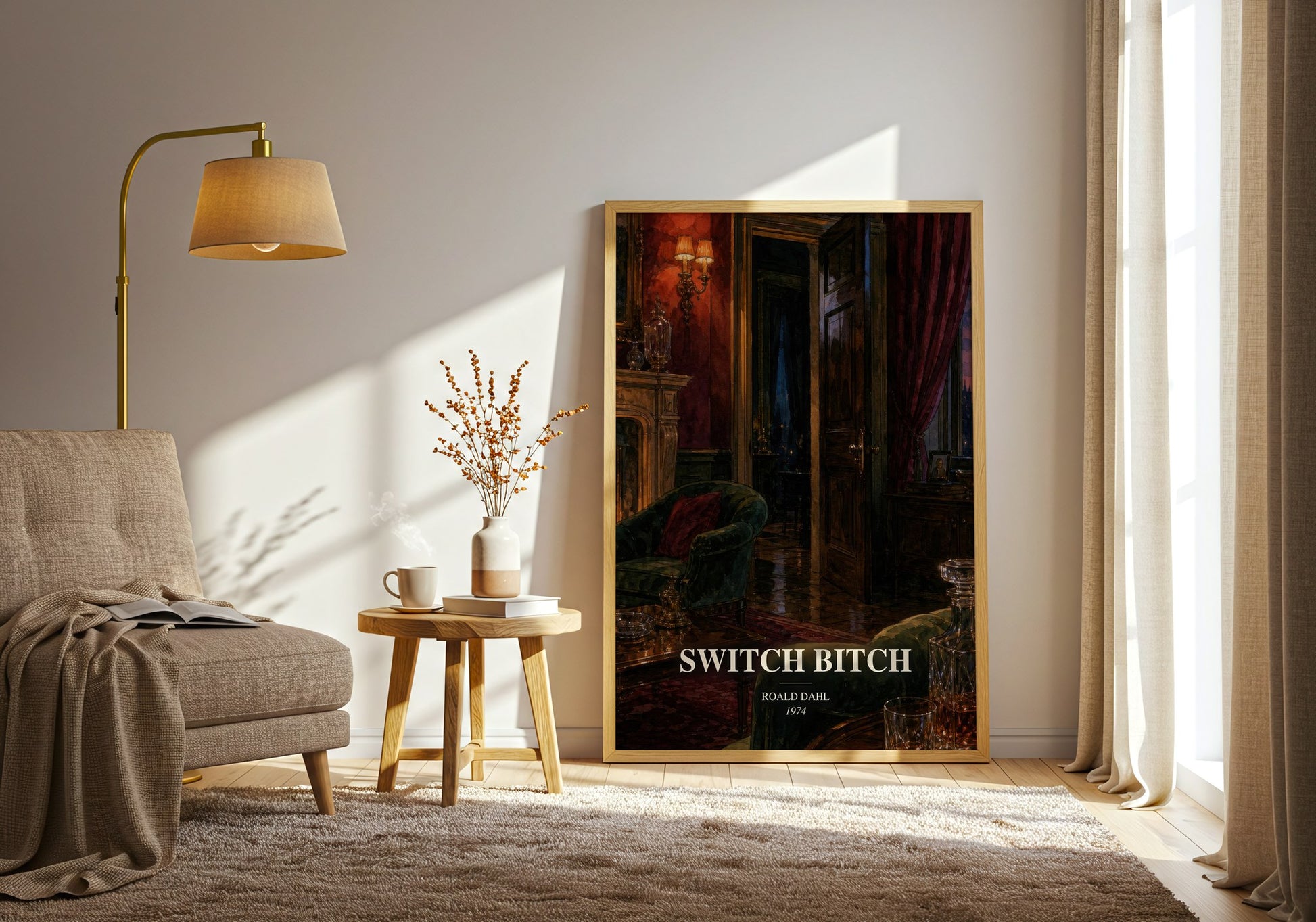 Switch Bitch watercolour print in frame leaning in hallway – literary fiction wall art
