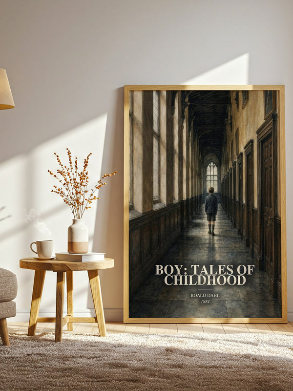 Boy: Tales Of Childhood watercolour print in frame leaning in hallway – memoir wall art