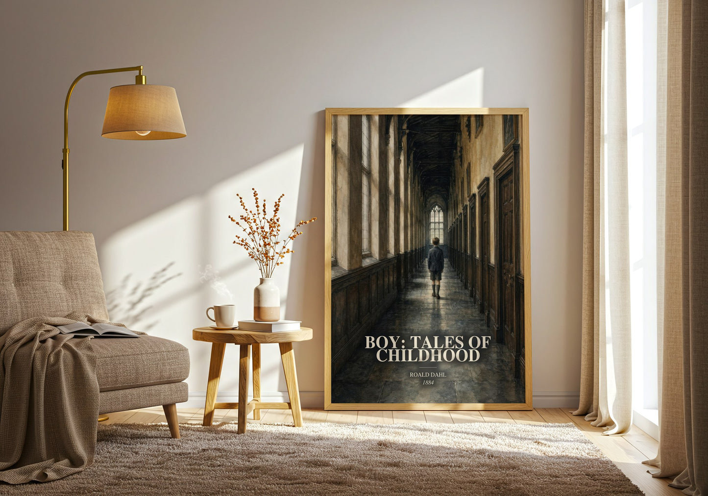 Boy: Tales Of Childhood watercolour print in frame leaning in hallway – memoir wall art