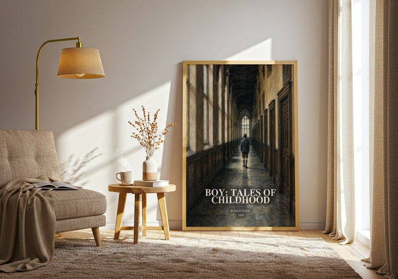 Boy: Tales Of Childhood watercolour print in frame leaning in hallway – memoir wall art