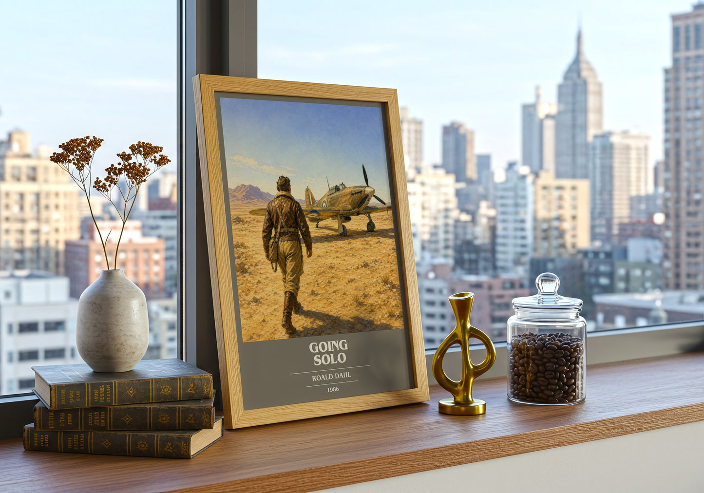 Going Solo book cover print framed by window – literary home decor