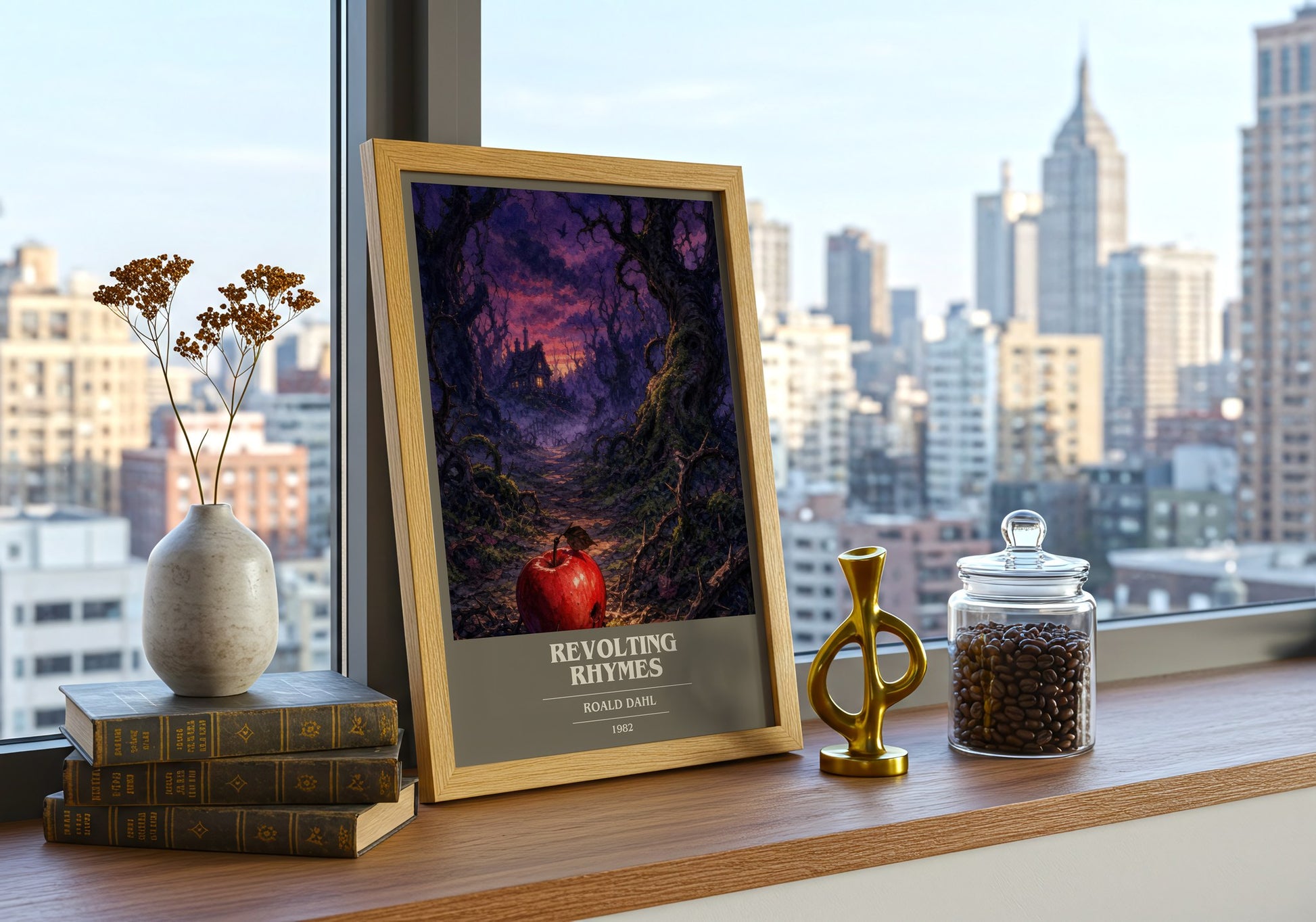 Revolting Rhymes book cover print framed by window – literary home decor
