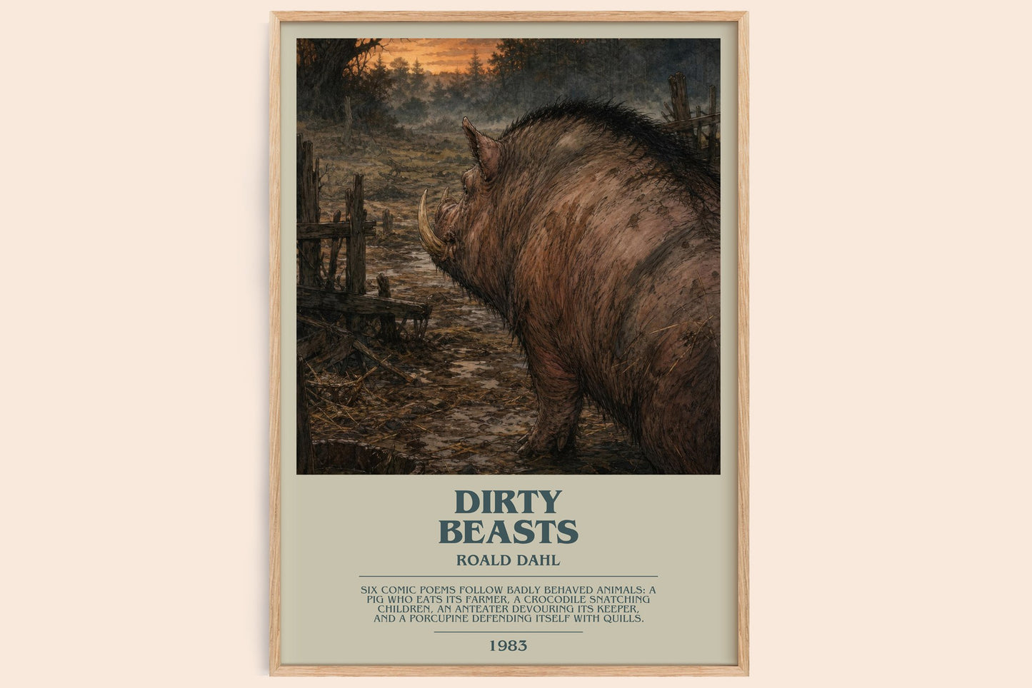 Dirty Beasts bookish book poster by Roald Dahl – framed literary art print