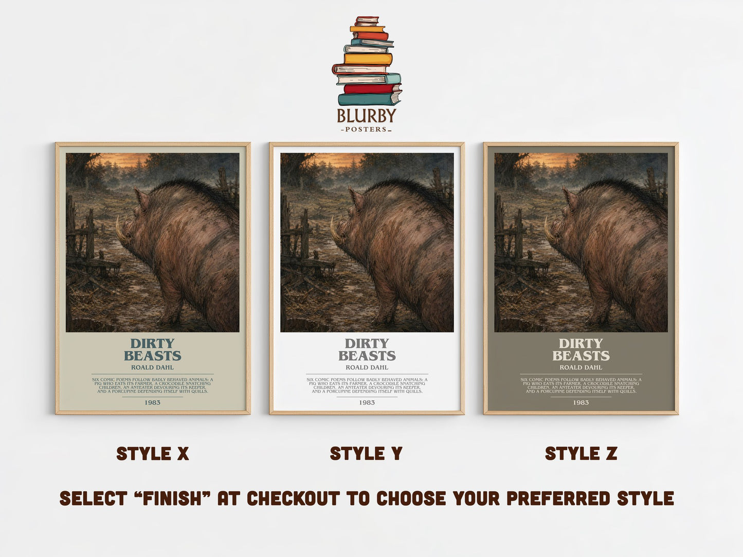 Dirty Beasts bookish print in frame leaning in hallway – childrens wall art