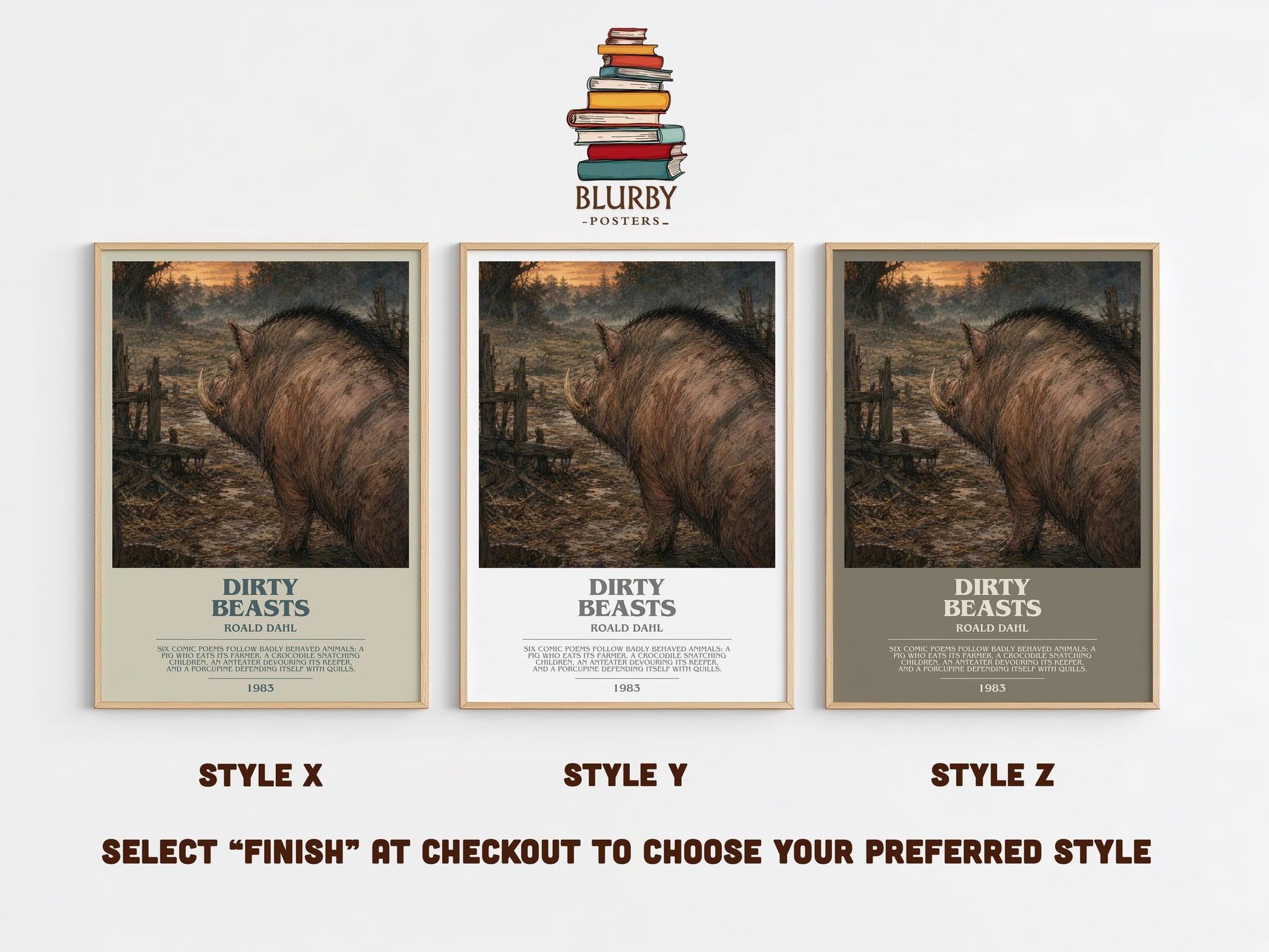 Dirty Beasts bookish print in frame leaning in hallway – childrens wall art
