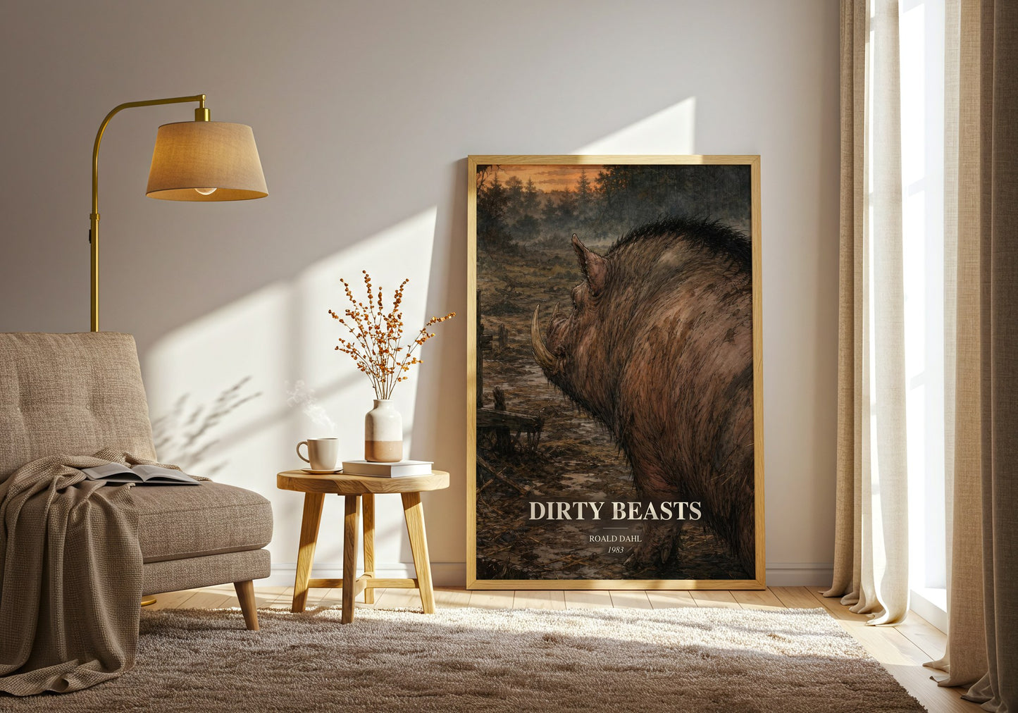 Dirty Beasts watercolour print in frame leaning in hallway – childrens wall art