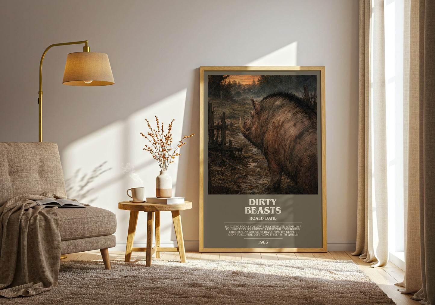 Dirty Beasts bookish print on bookshelf – Roald Dahl fan gift