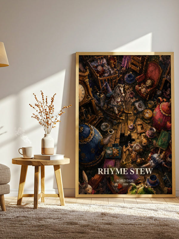 Rhyme Stew watercolour print in frame leaning in hallway – poetry wall art