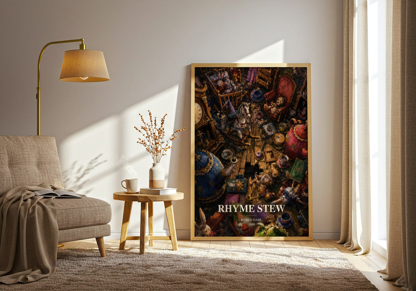 Rhyme Stew watercolour print in frame leaning in hallway – poetry wall art