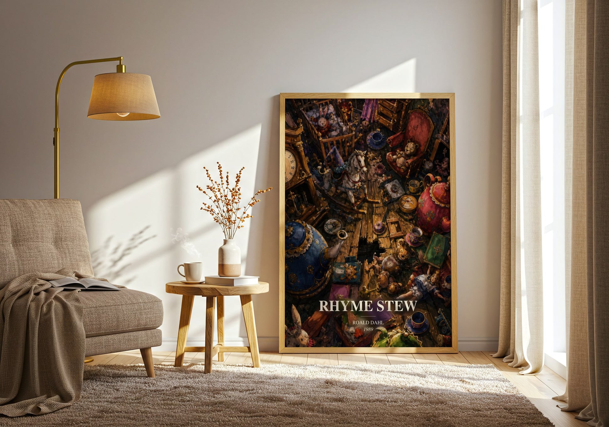 Rhyme Stew watercolour print in frame leaning in hallway – poetry wall art