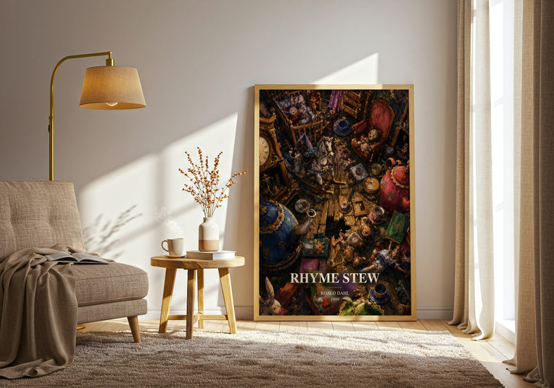 Rhyme Stew watercolour print in frame leaning in hallway – poetry wall art
