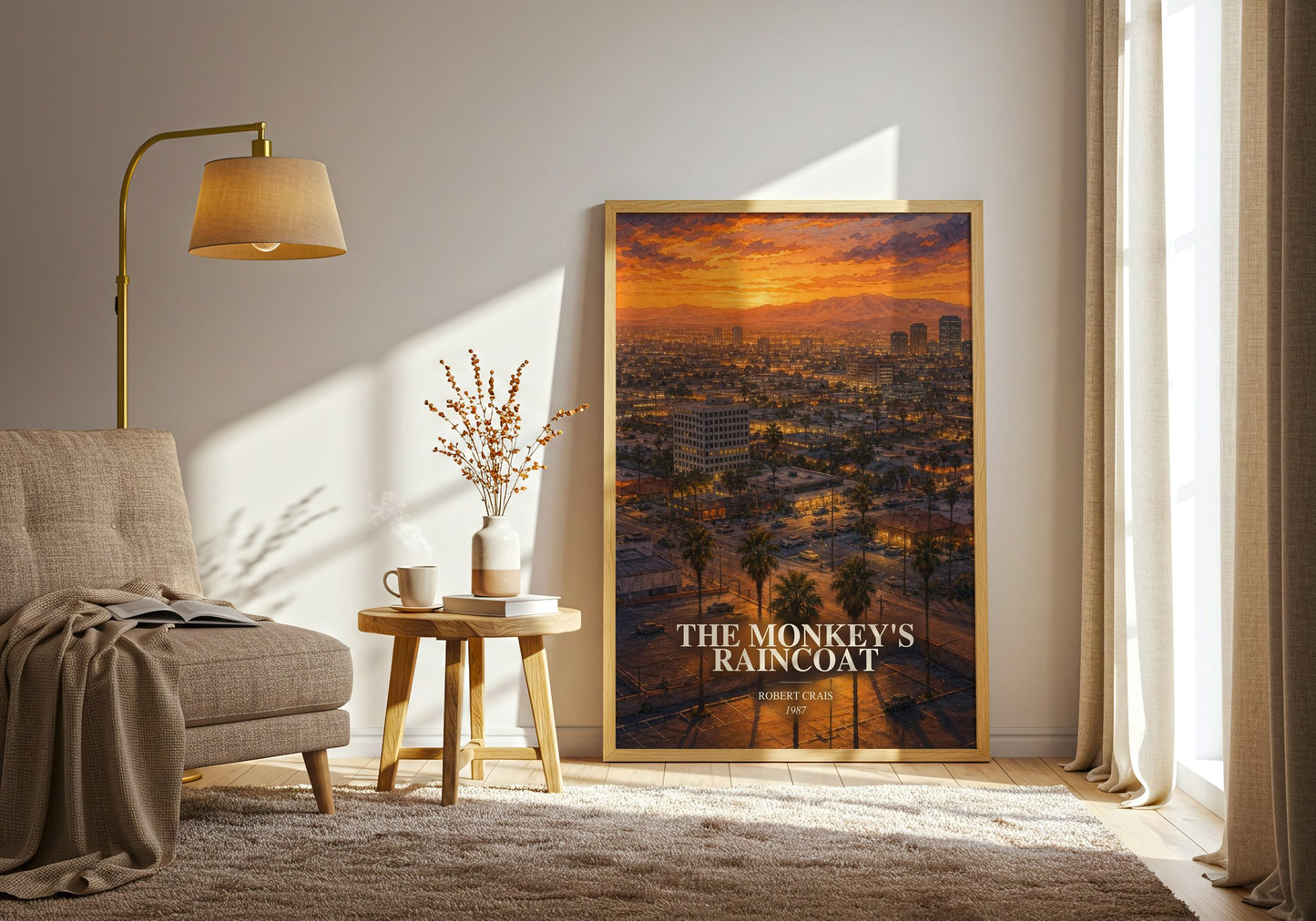The Monkey'S Raincoat watercolour print in frame leaning in hallway – crime wall art