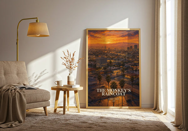 The Monkey'S Raincoat watercolour print in frame leaning in hallway – crime wall art