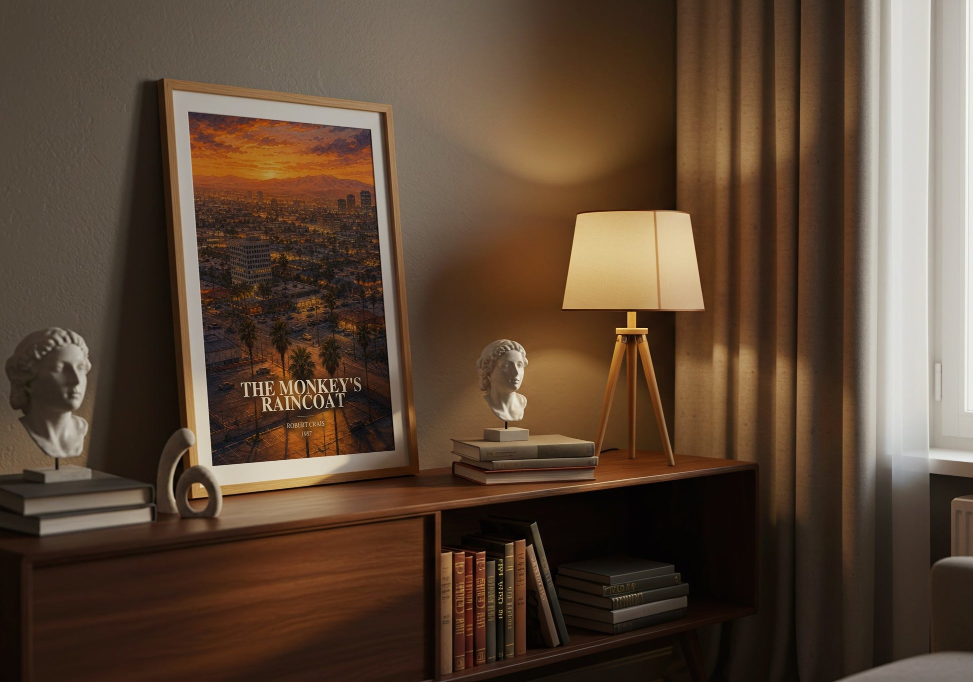 The Monkey'S Raincoat watercolour print on bookshelf – Robert Crais fan gift