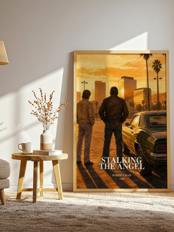 Stalking The Angel watercolour print in frame leaning in hallway – crime wall art