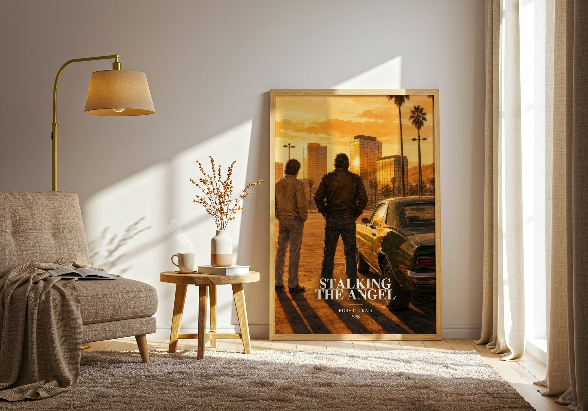 Stalking The Angel watercolour print in frame leaning in hallway – crime wall art