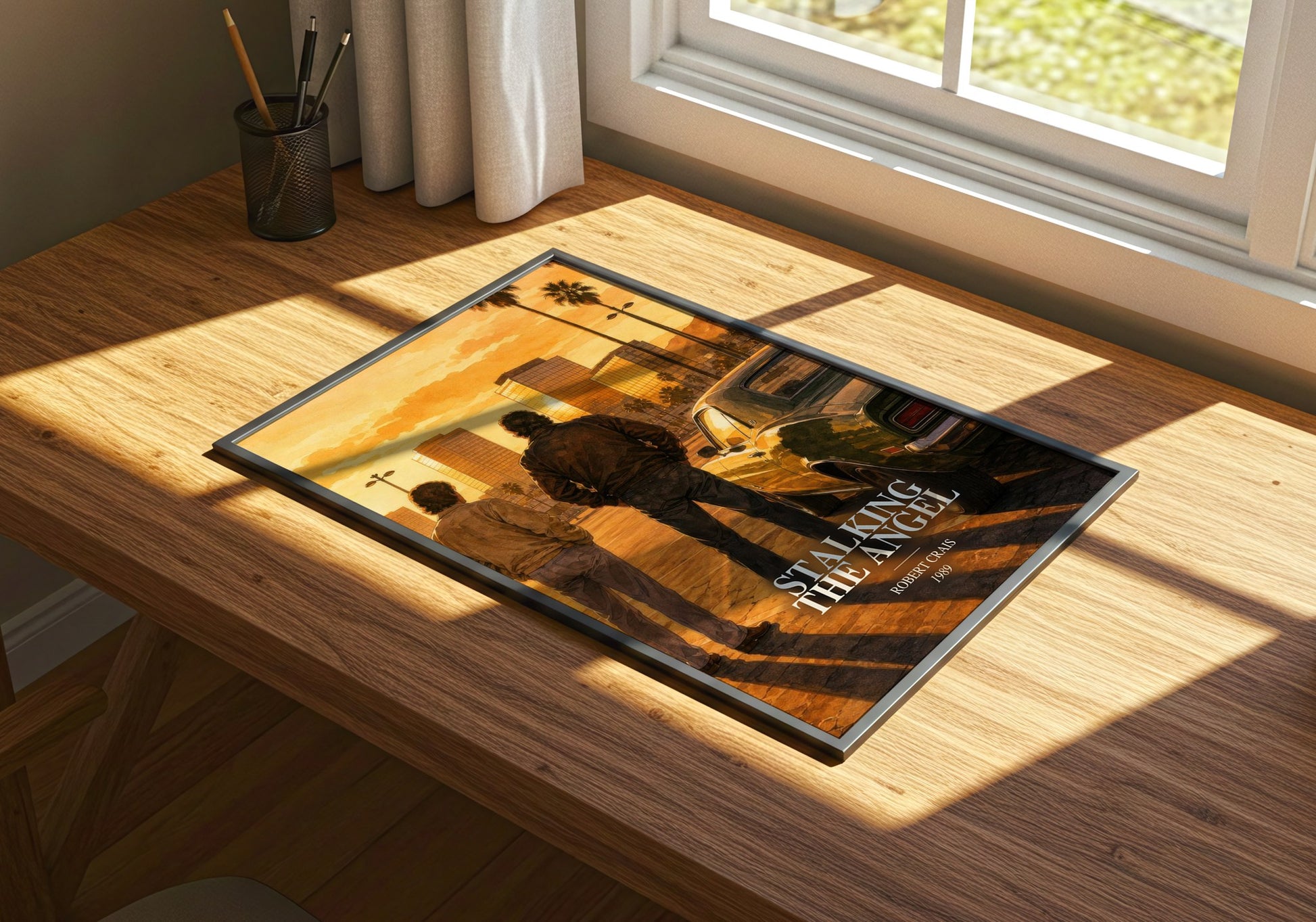 Stalking The Angel watercolour book poster framed on wall – crime wall art