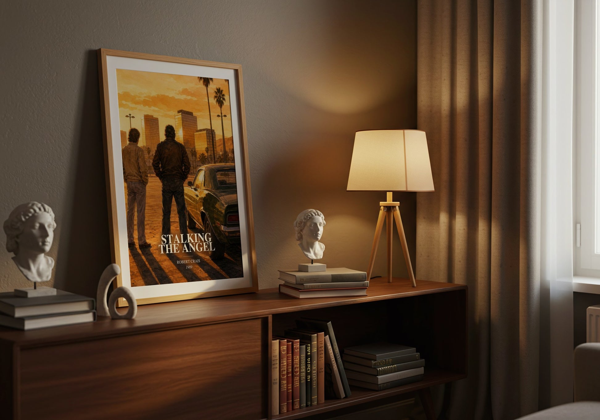 Stalking The Angel watercolour print on bookshelf – Robert Crais fan gift