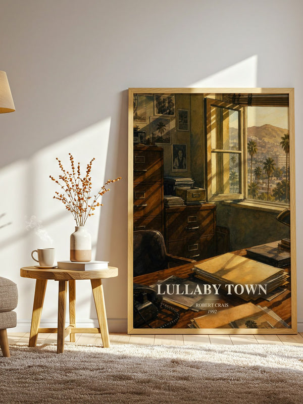 Lullaby Town watercolour print in frame leaning in hallway – crime wall art