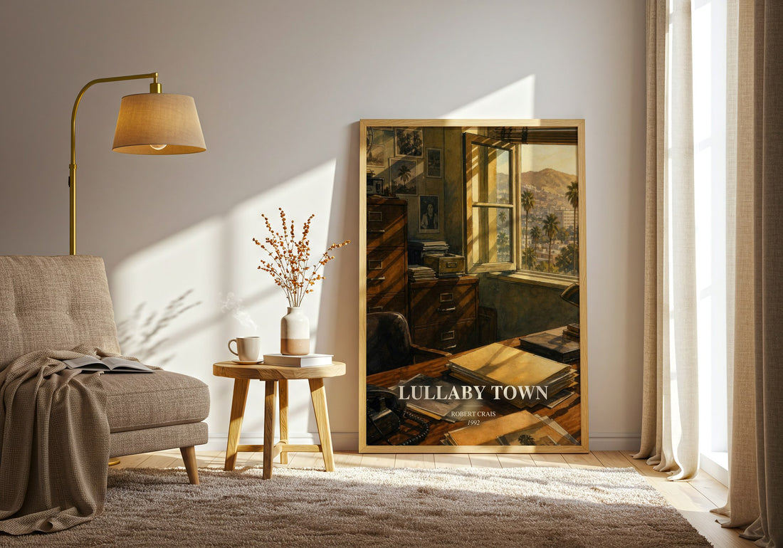 Lullaby Town watercolour print in frame leaning in hallway – crime wall art (mockup)