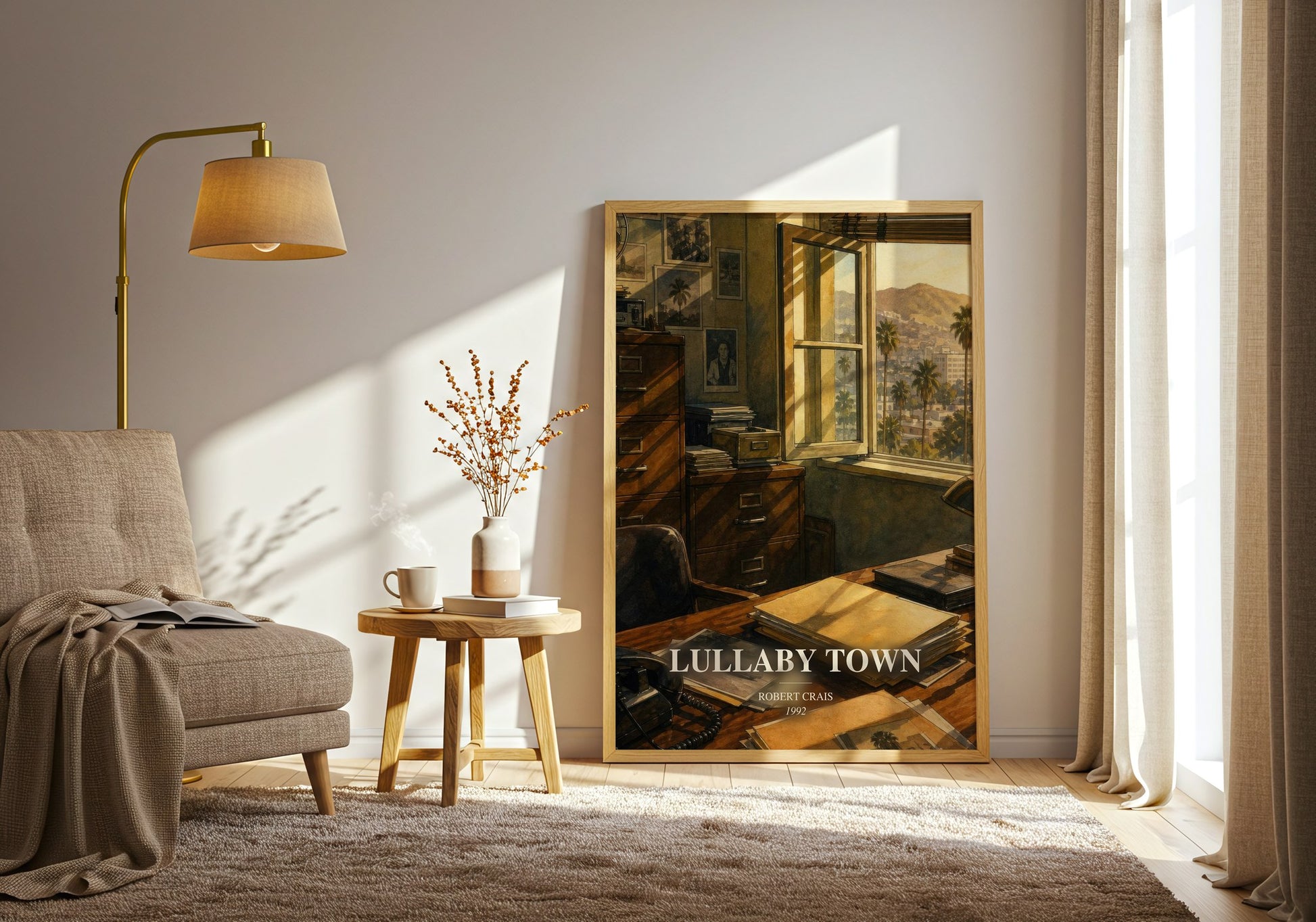Lullaby Town watercolour print in frame leaning in hallway – crime wall art