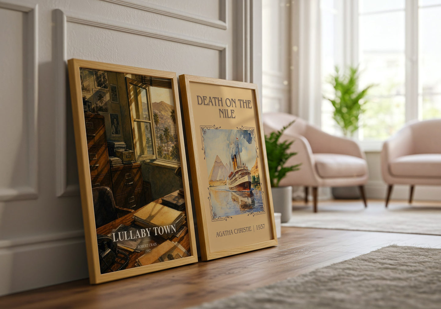 Lullaby Town watercolour print framed by window – literary home decor