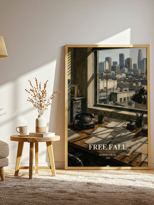 Free Fall watercolour print in frame leaning in hallway – crime wall art
