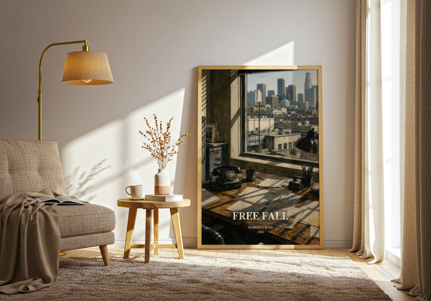 Free Fall watercolour print in frame leaning in hallway – crime wall art