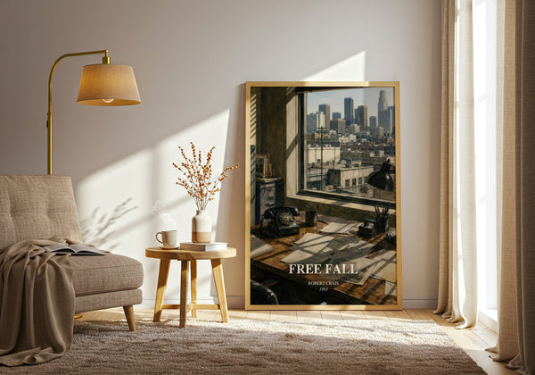 Free Fall watercolour print in frame leaning in hallway – crime wall art