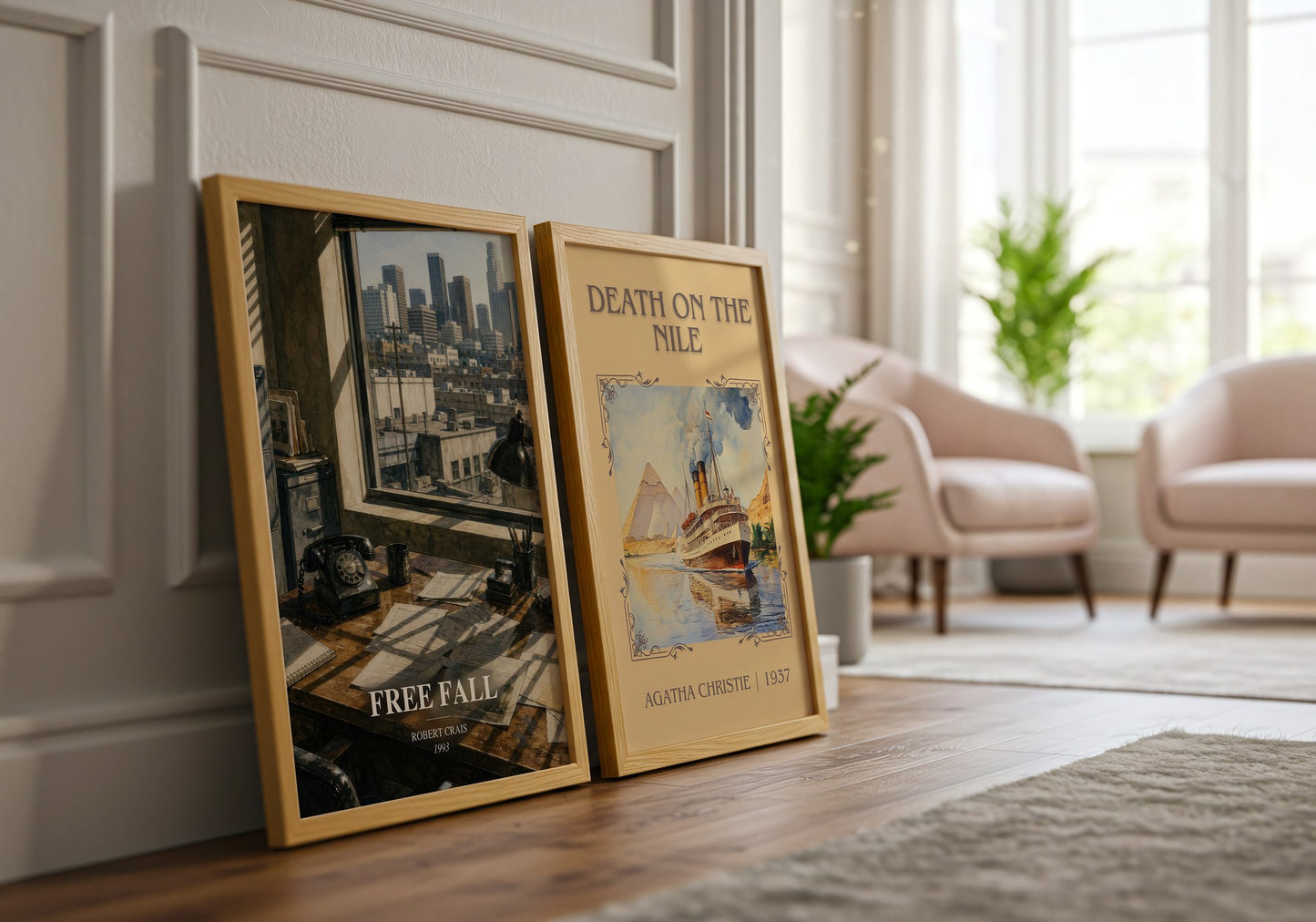 Free Fall watercolour print framed by window – literary home decor