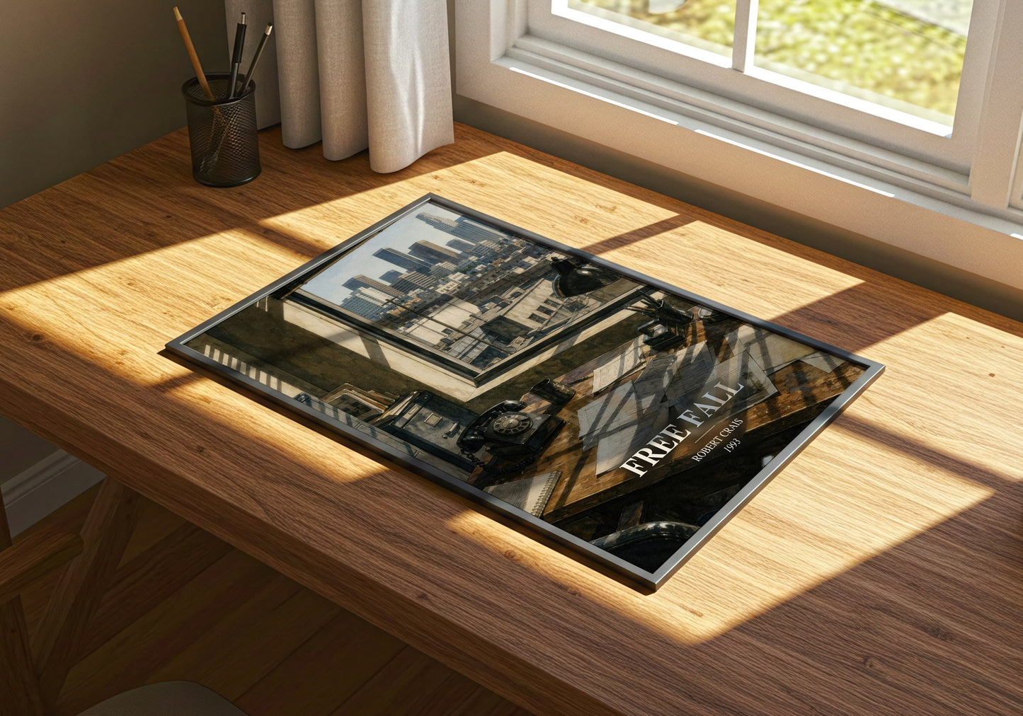 Free Fall watercolour book poster framed on wall – crime wall art