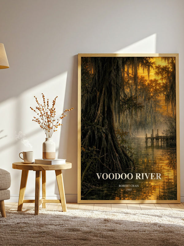 Voodoo River watercolour print in frame leaning in hallway – mystery wall art