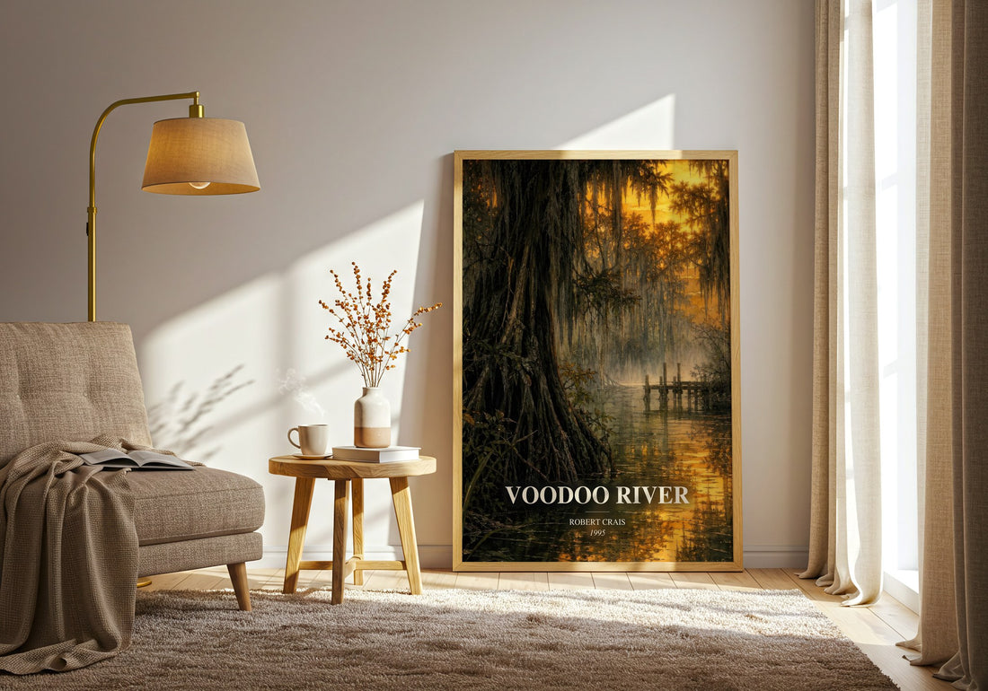 Voodoo River watercolour print in frame leaning in hallway – mystery wall art (mockup)