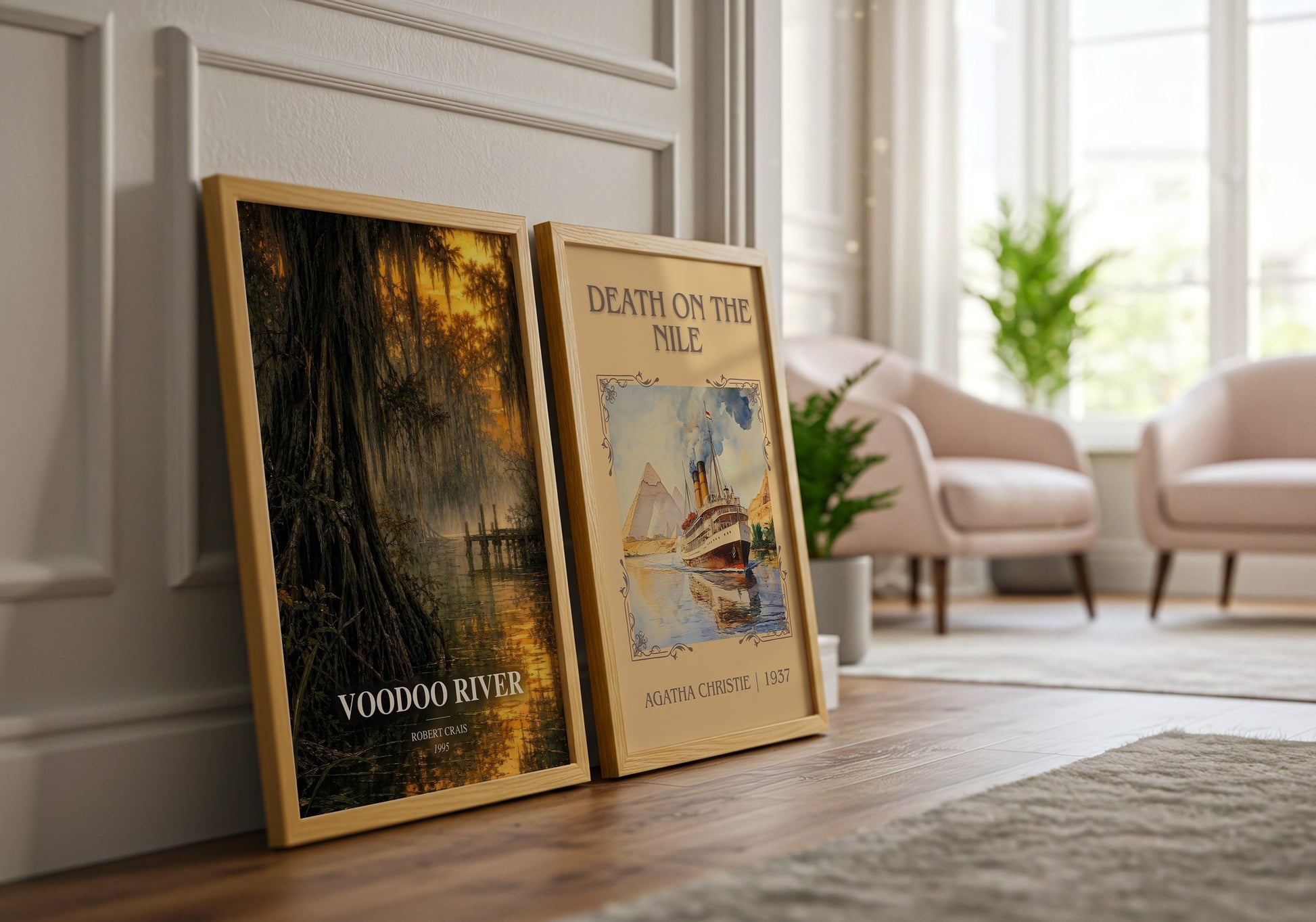 Voodoo River watercolour print framed by window – literary home decor
