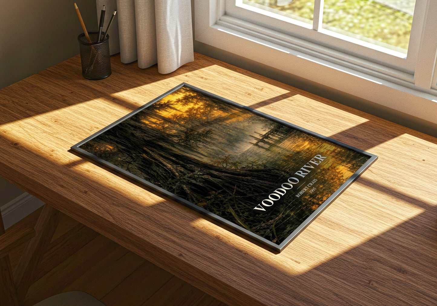 Voodoo River watercolour book poster framed on wall – mystery wall art